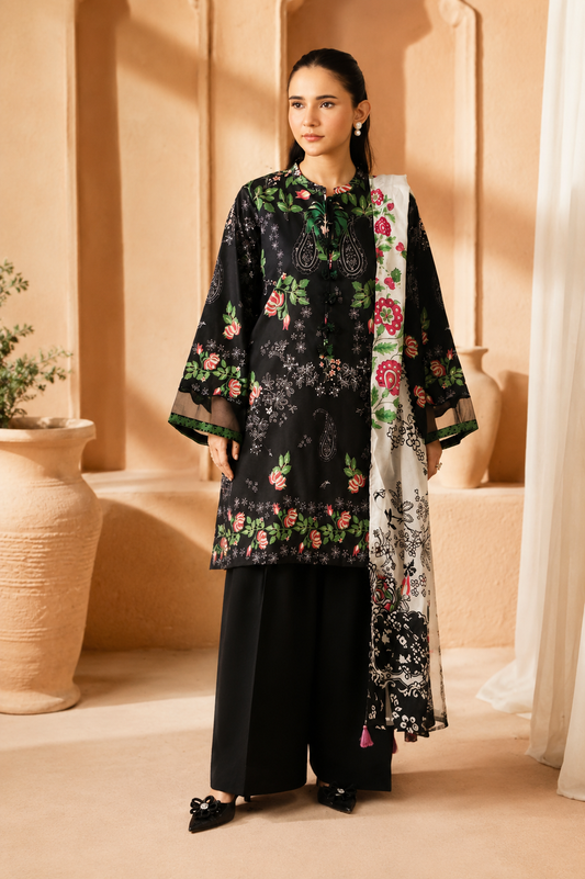 Black Paisley 3 Piece Unstitched Lawn Suit