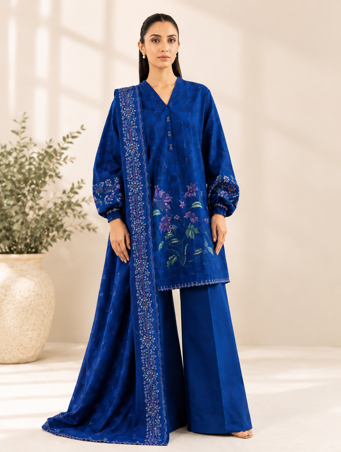 Sapphire Statement – 3 Piece Embroidered Cotton Jacquard Suit